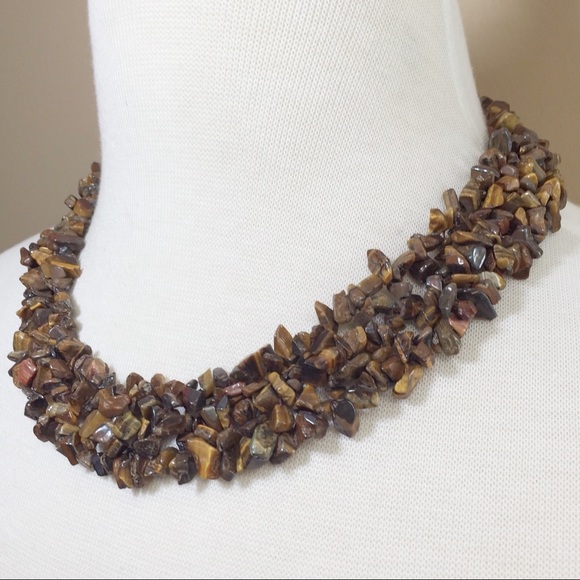 Brown Tigers Eye Stone Chip Necklace Earrings Set - Picture 2 of 3